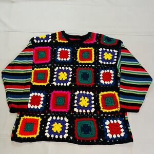 VTG 90s Esprit Granny Square Crochet Knit Grandma Stripe Sweater Wool 70s-4594